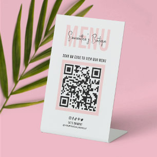 Contactless QR Code Menu Blush Pink Modern Logo Pedestal Sign