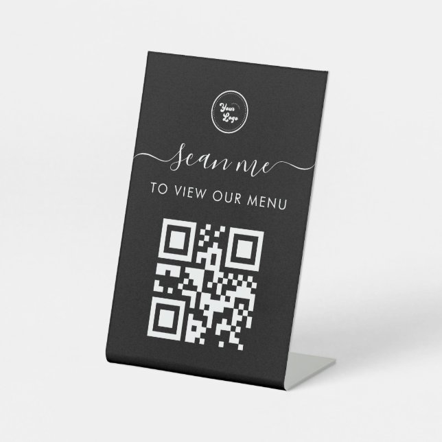 Contactless Scan Me Qr Code Menu Logo Simple Black Pedestal Sign (Front)