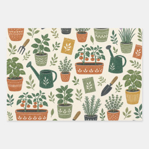 Container Garden Tomatoes and Potted Herbs Pattern Wrapping Paper Sheet
