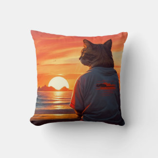 “Contemplative Cat at Sunset: Whimsical Beach Art" Cushion