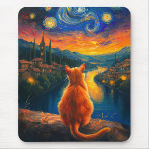Contemplative Ginger Cat Starry Night Sky Art Mouse Mat
