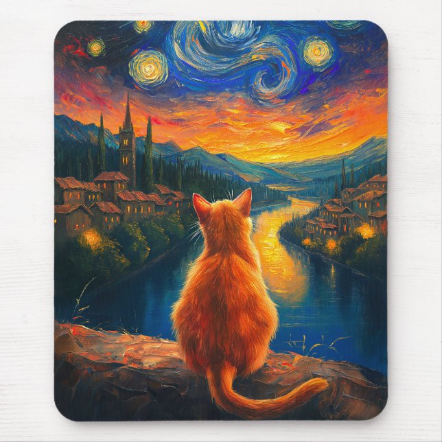 Contemplative Ginger Cat | Starry Night Sky Art Mouse Mat (Front)
