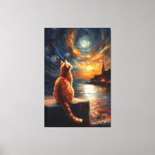 Contemplative Ginger Cat   Starry Night Sky Canvas Print