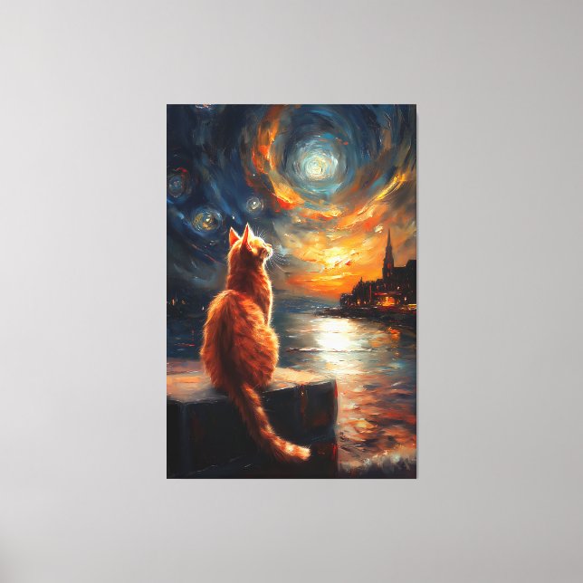 Contemplative Ginger Cat | Starry Night Sky Canvas Print (Front)