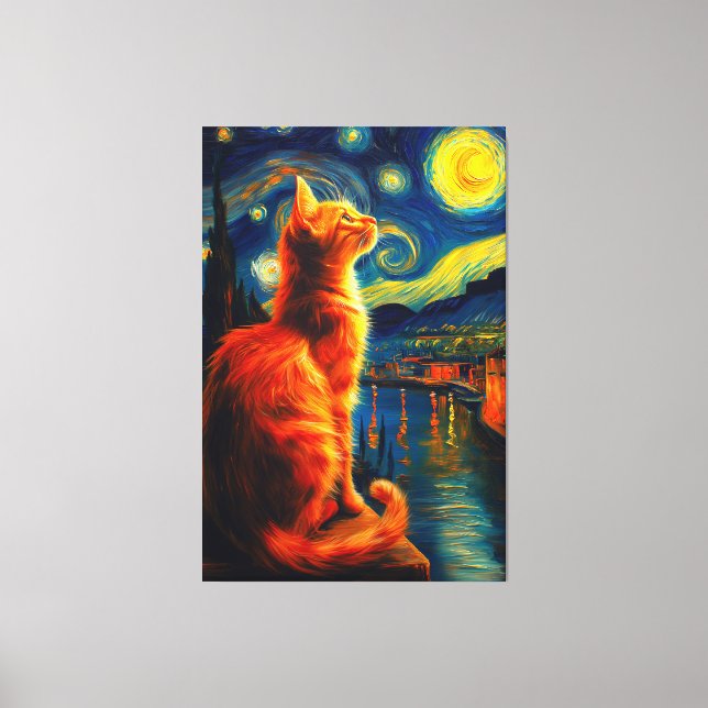 Contemplative Ginger Cat | Starry Night Sky Canvas Print (Front)