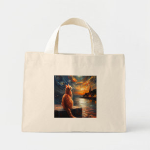 Contemplative Ginger Cat Starry Night Sky Mini Tote Bag