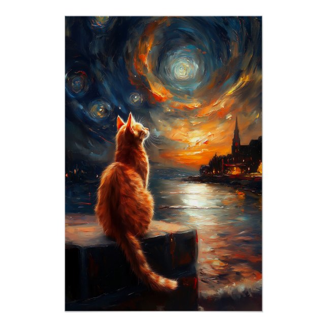 Contemplative Ginger Cat | Starry Night Sky Poster (Front)