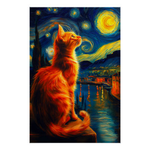 Contemplative Ginger Cat   Starry Night Sky Poster