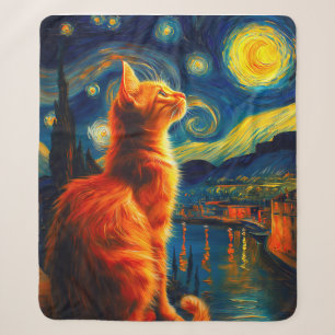 Contemplative Ginger Cat Starry Night Sky Sherpa Blanket