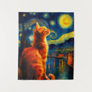 Contemplative Ginger Cat Starry Night Sky Tapestry