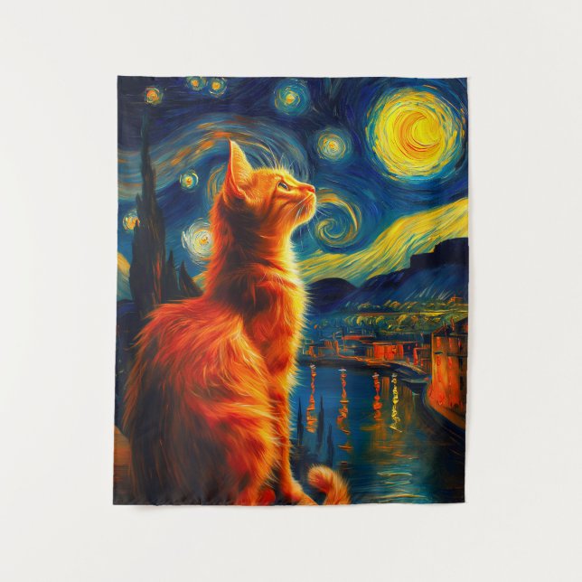 Contemplative Ginger Cat | Starry Night Sky Tapestry (Front)