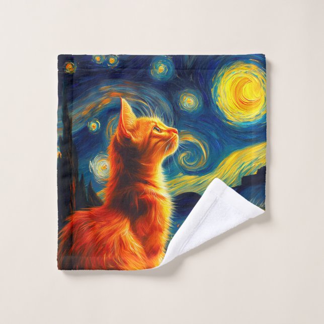 Contemplative Ginger Cat | Starry Night Sky Wash Cloth (Wash Cloth)