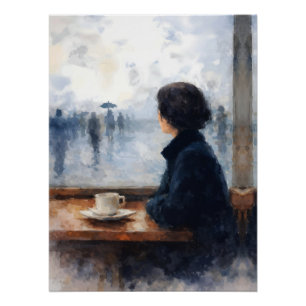 Contemplative Woman Rainy Café Window Watercolor Poster