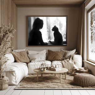 Contemplative Woman with Cat in Rain by the Window Poster