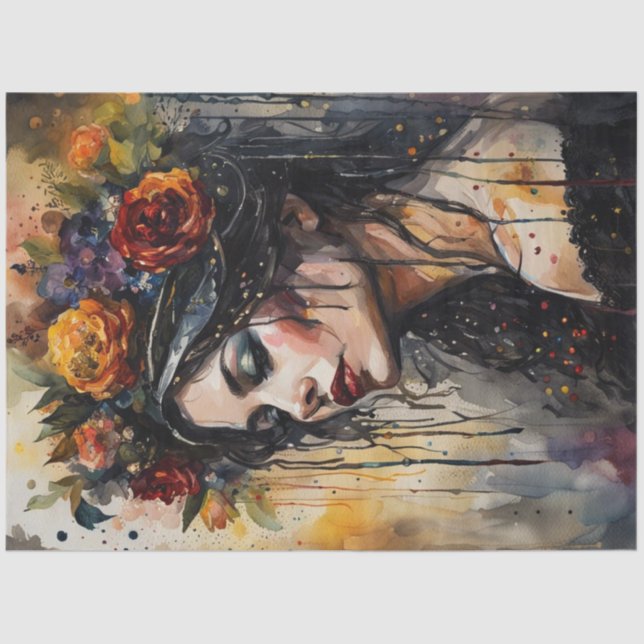 Contemplative Woman with Floral Crown Decoupage  Tissue Paper (Front)