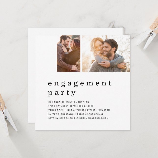 Contemporary 2 Photo Grid Engagement Party Square Invitation (Front/Back In Situ)