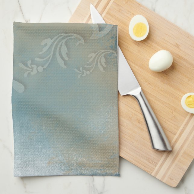 Contemporary Abstract Blue Gold Swirl Tea Towel (Quarter Fold)