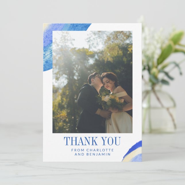 Contemporary Abstract Blue Paint Swirl Photo  Thank You Card (Standing Front)