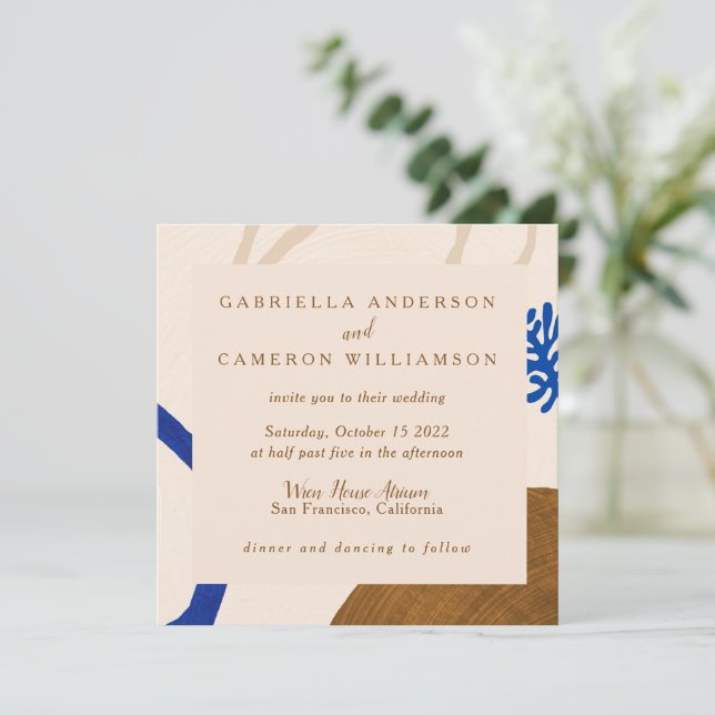 Contemporary Abstract Botanical Blue Beige Wedding Invitation (Standing Front)
