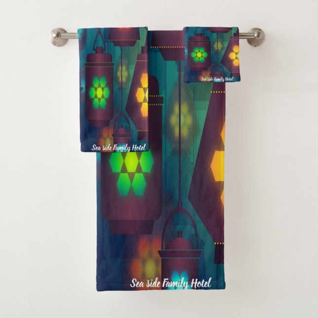 Contemporary abstract in multi colour lantern 2 bath towel set (Insitu)