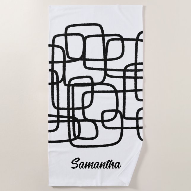 Contemporary Abstract Line Art Black And White  Beach Towel (Front)