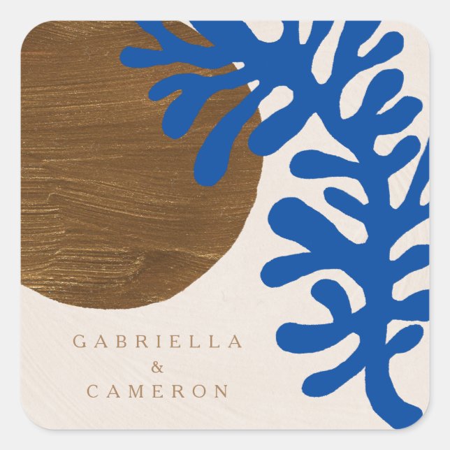 Contemporary Abstract Shapes Art Blue Tan Wedding Square Sticker (Front)