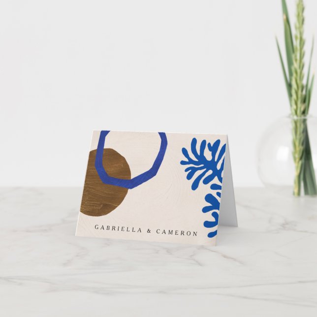 Contemporary Abstract Shapes Art Blue Tan Wedding Thank You Card (Front)