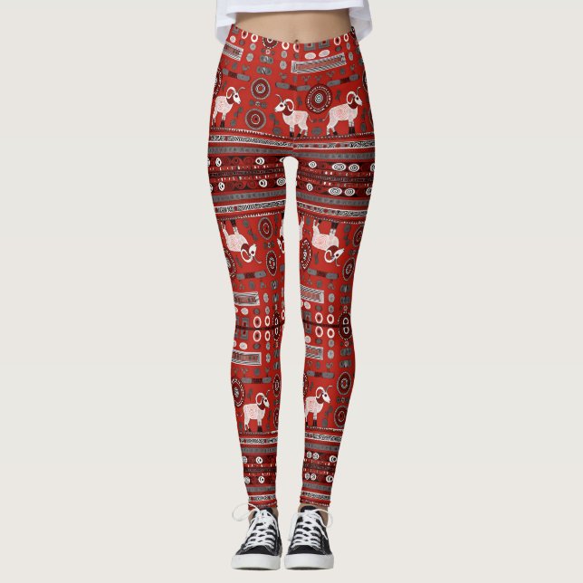 Contemporary African Pattern Leggings in Red (Front)