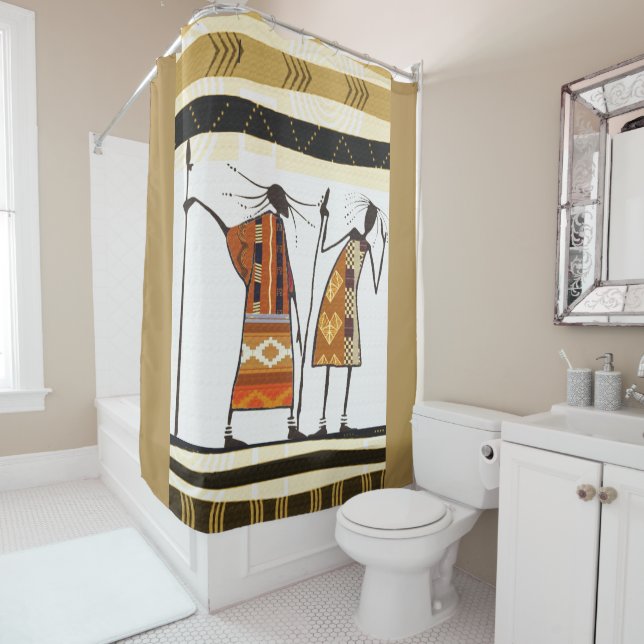 Contemporary  African Tribal Folk Art Shower Curtain (In Situ)