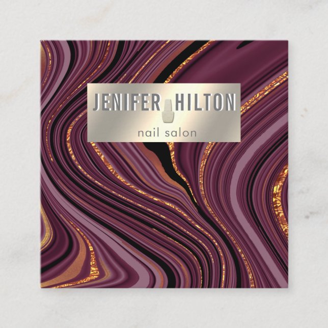 Contemporary agate geode burgundy gold nail salon square business card (Front)