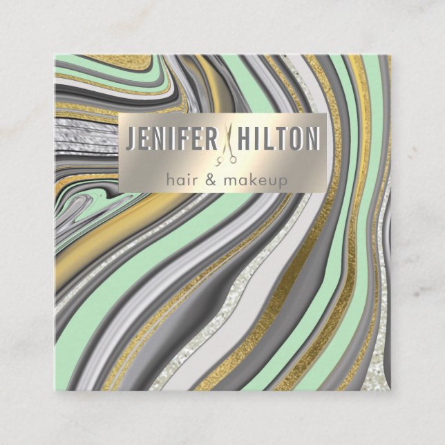 Contemporary agate geode neo mint gold hairstylist square business card (Front)