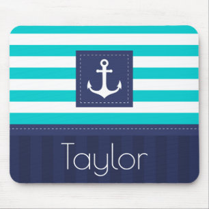 Contemporary Aqua Navy Blue Anchor Personalised Mouse Mat