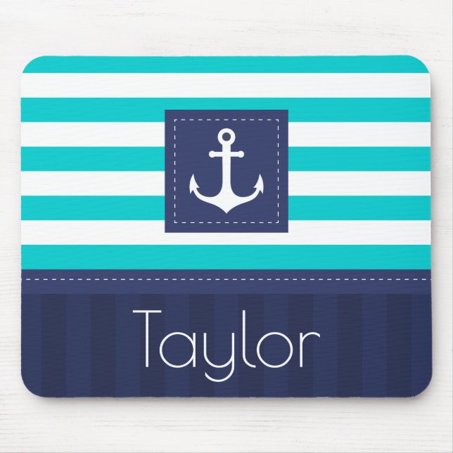 Contemporary Aqua Navy Blue Anchor Personalised Mouse Mat (Front)