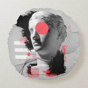 Contemporary art collage with antique statue head round cushion