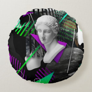 Contemporary art collage with plaster head statue  round cushion