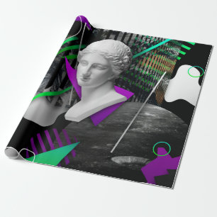 Contemporary art collage with plaster head statue wrapping paper