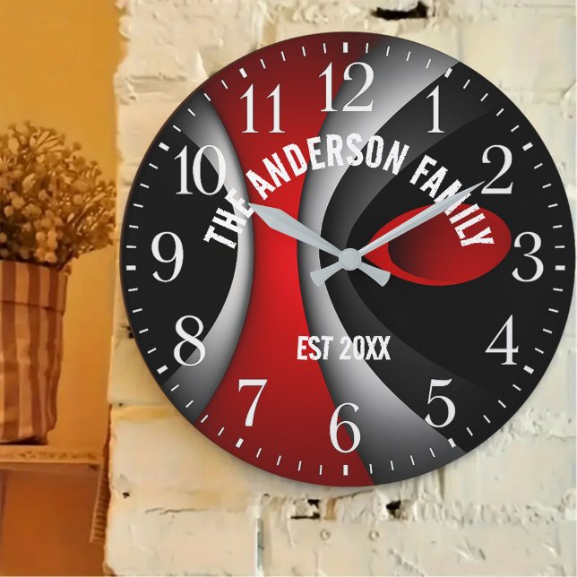  Contemporary art Modern abstract red white black Large Clock (Creator Uploaded)
