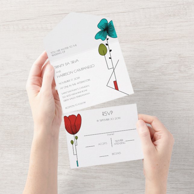 Contemporary Art Noveau Floral Wedding All In One Invitation (Tearaway)