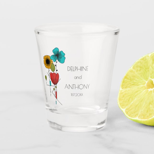 Contemporary Art Noveau Floral Wedding Shot Glass (Front)