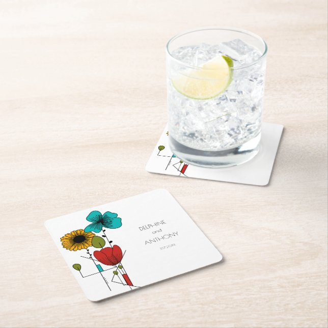 Contemporary Art Noveau Floral Wedding Square Paper Coaster (Insitu)