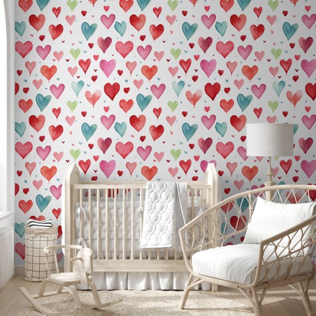 Contemporary Baby Nursery Heart Pattern Wallpaper (Kids)