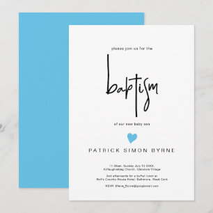 Contemporary Baptism Tiny Blue Heart Baby Boy Invitation