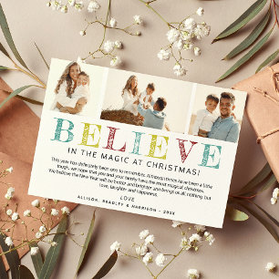 Contemporary 'BELIEVE' Christmas Photo Collage Holiday Card