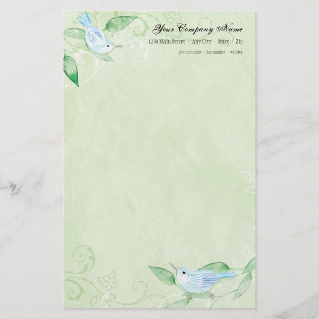 Contemporary Birds 'n Swirls Green Stationery (Front)
