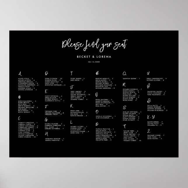 Contemporary black Alphabetical seating chart (Front)