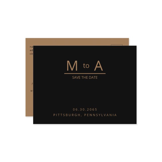 Contemporary Black & Gold Monogram Save the Date Announcement Postcard (Front/Back In Situ)