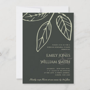 CONTEMPORARY BLACK GREEN LEAVES REHEARSAL DINNER INVITATION