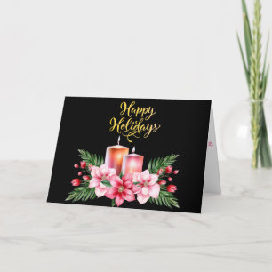 Contemporary Black Happy Holidays Floral Candle Holiday Card