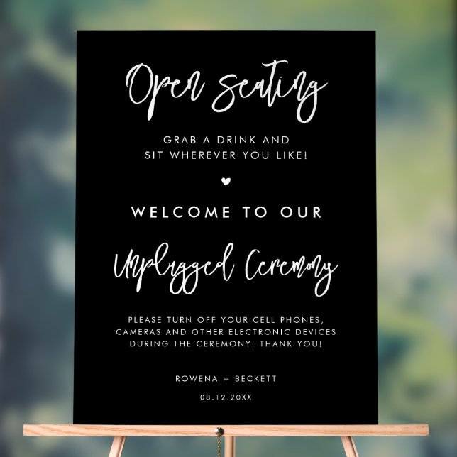 Contemporary black Open seating Unplugged ceremony Acrylic Sign (Neutral)