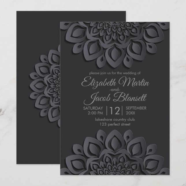 Contemporary Black Paper cut Mandala Wedding Invitation (Front/Back)